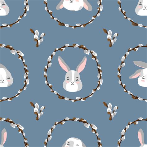 Easter Pussy Willow Wreath And Bunny Seamless Pattern Spring Branches Vignette With Rabbits
