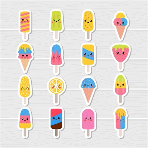 Premium Vector Set Of Cute Kawaii Ice Cream Stickers Cartoon Lovely Ice Cream In Waffle Cones