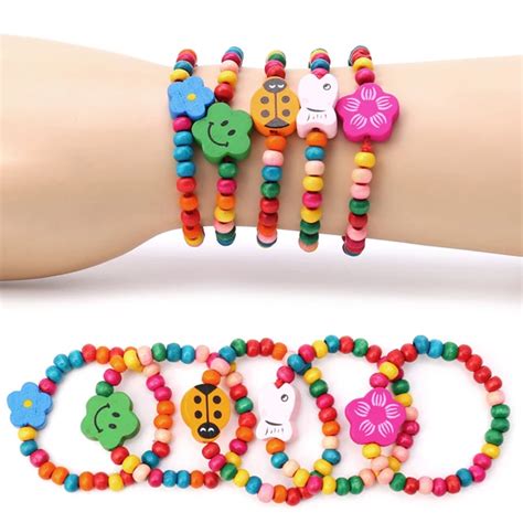 5Pc Lovely Kids Children Wood Elastic Bead Bracelets Birthday Party Jewelry Gift-in Charm ...