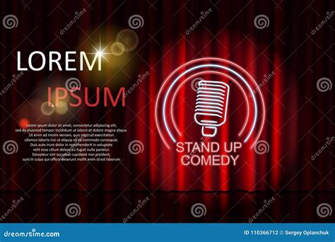 Stand Up Comedy With Neon Microphone Sign And Red Curtain Backdrop