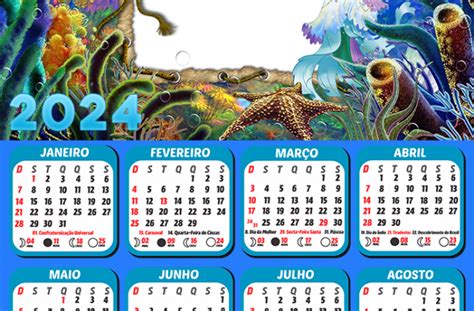 Calendário Ariel Fundo Do Mar 2024 Moldura Png Digital Grátis