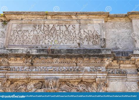 Upper Part Of The Triumphal Arch Of Titus In The Roman Forum Stock