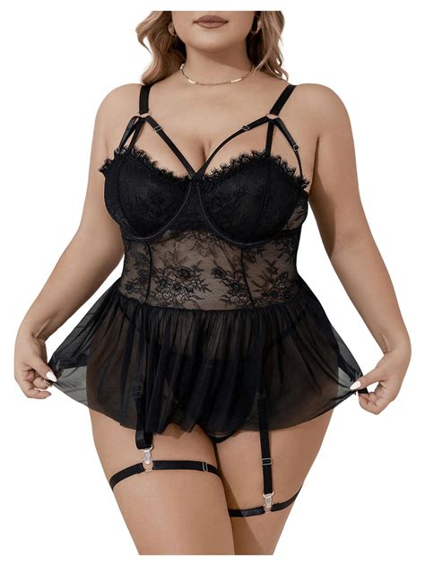 COZYEASE Women S Plus Size Teddy Lingerie Set Babydoll Sheer Lace Nightgown Mesh Chemise