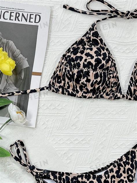 SHEIN Swim Sommer Strand Leopardenmuster Bikini mit Smock Details und Bändern an der Seite