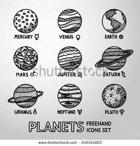 Set of hand drawn planet icons with names and astronomical symbols ...