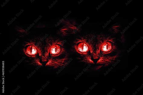 A close-up of two cats' faces with glowing red eyes in the dark ...