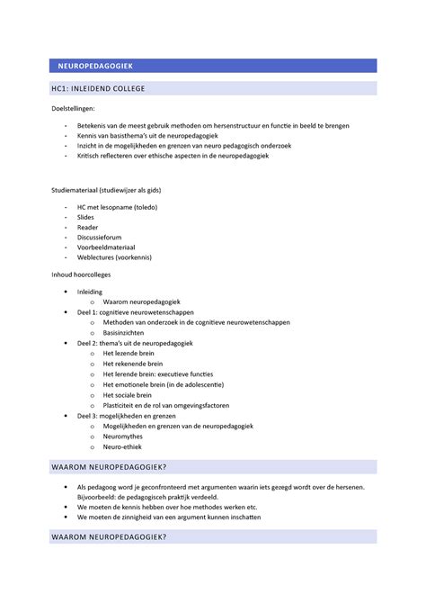 Neuropedagogiek Samenvatting Neuropedagogiek Hc Inleidend College