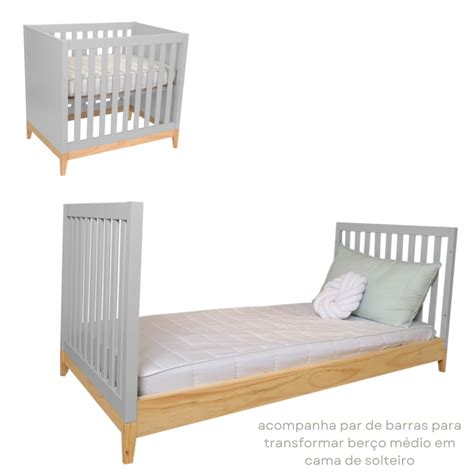 Berco Bebe Vira Cama - Berço de Bebê médio com barras vira cama de solteiro Cinza Neném na ...