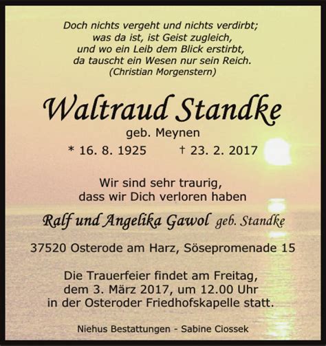 Traueranzeigen Von Waltraud Standke Harztrauer De