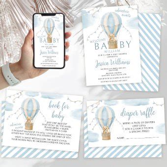 Teddy Bear Hot Air Balloon Baby Boy Shower Invitation Zazzle