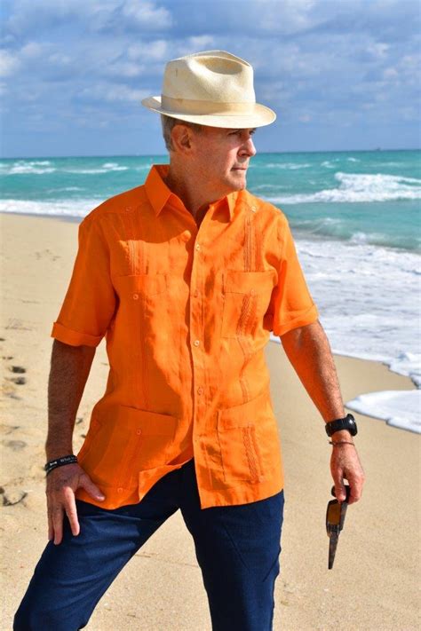 Mens Authentic Cuban Guayabera Shirt 100 Linen Orange Daccord 2263