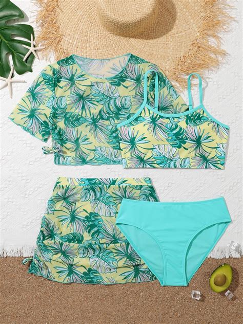 SHEIN Ensemble de bikini à imprimé tropical avec cache maillot pour adolescentes été plage