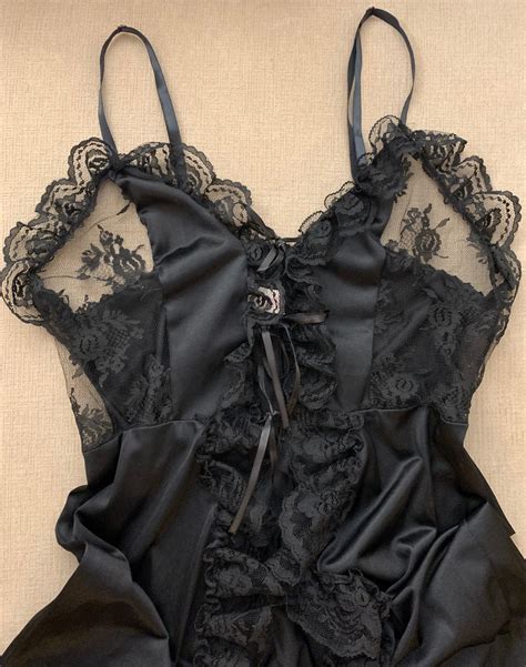 Vintage Sheer Nightgown By Faris Lingerie Sexy Black Chiffon Negligee Lace And Spaghetti Straps