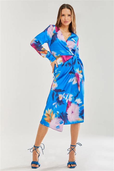 Liquorish Blue Floral Satin Wrap Midi Dress Sale From Yumi Uk