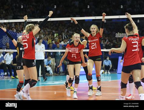 Germany Womens National Volleyball Team Celebrate After Scoring During