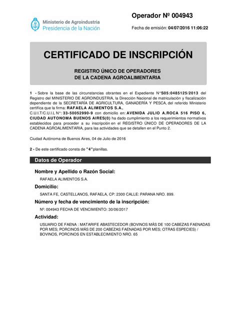 Pdf Certificado De Inscripci N Rafaela Alimentos S A Pdf