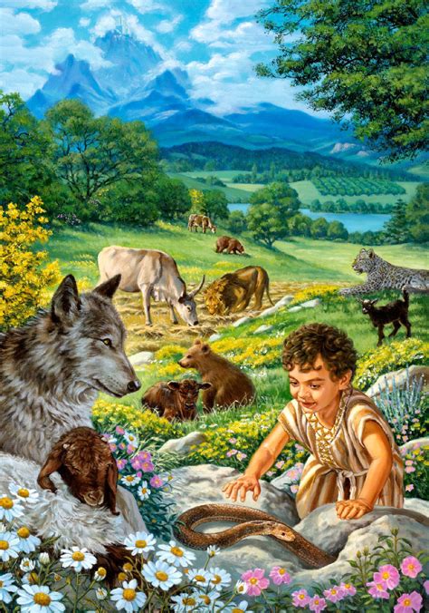 Un Niño En El Paraíso Rodeado De Animales Salvajes Jehovah Paradise