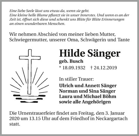 Traueranzeigen von Hilde Sänger trauerundgedenken de