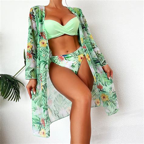Fresh Green Bikini Sexy High Waisted Bikini Three Pieces Floral Printed Swimsuit Women Bikini