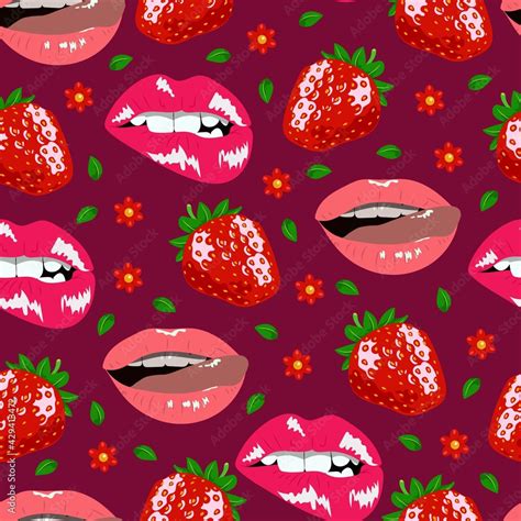 Sexy Lips With Red Strawberry Tongue Seamless Pattern Erotic Print For Sex Shop Accessories