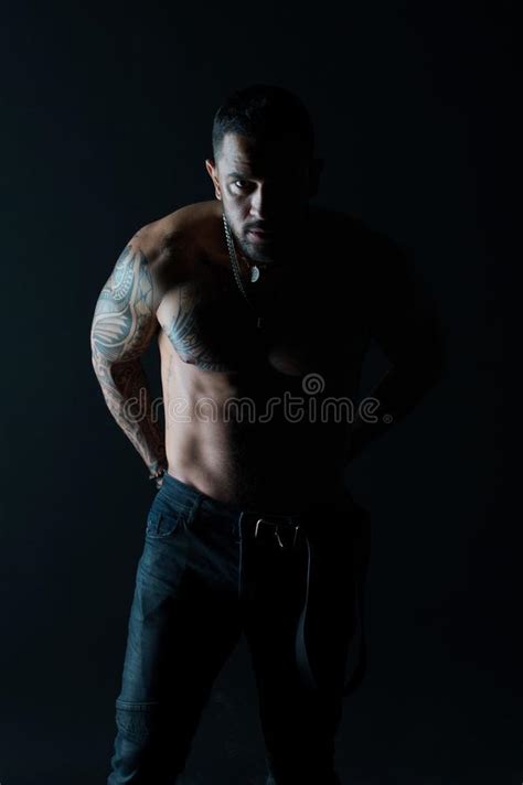 Man With Tattoo Design On Skin Bearded Man Shirtless With Fit Torso Fashion Model Put Leather