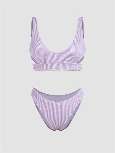 Solid Texture U Neckline Bikini Swimsuit For Beach