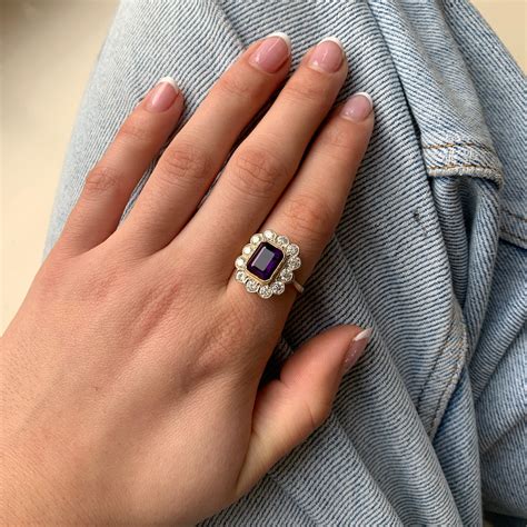 Amethyst And Diamond Rectangular Cluster Ring Chique To Antique Jewellery