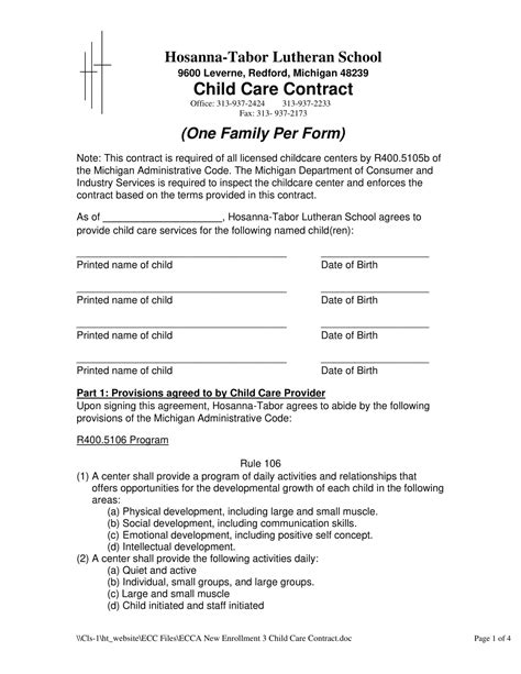 Free Printable Daycare Contract Templates Pdf Sample