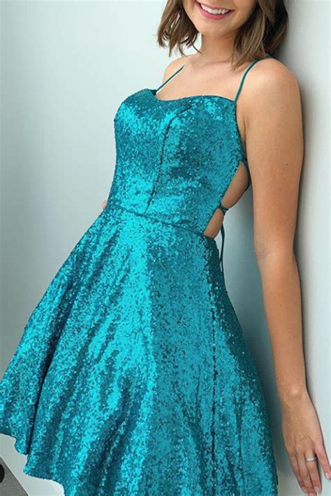 Macloth Spaghetti Straps Sequin Mini Prom Homecoming Dress Turquoise C