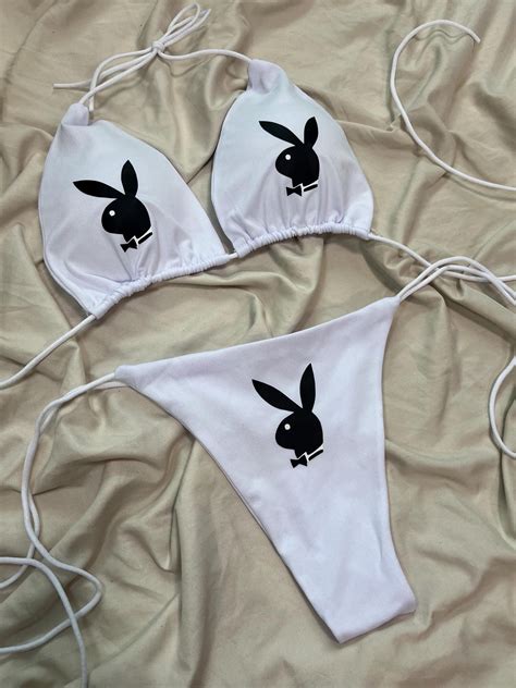 Bad Bunny Playboy Custom Bikini Set Bra Swimsuit Personalized Black Emo Goth Egirl Black And