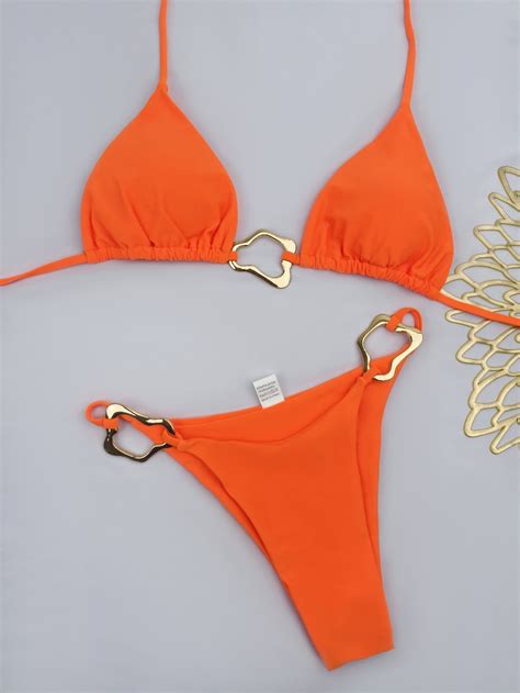 Generic Pure Color Bikini Lady Sexy Metal Buckle Briefs Split Swimsuit Fashion Bikini