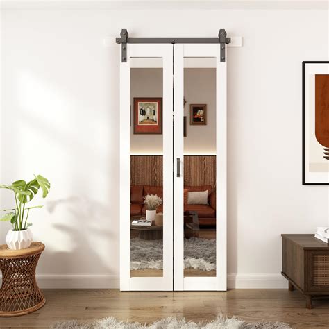 JUBEST Bifold Barn Doors Mirror Closet Door, Bi fold Sliding Barn Door