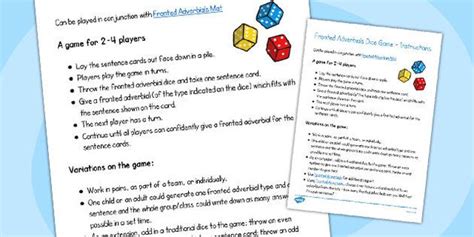 Fronted Adverbials Dice Game Instructions - fronted, adverbials, dice ...