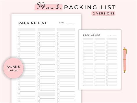 Blank Packing List Printable Packing List Template Vacation Packing