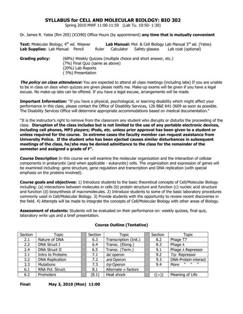 Syllabus For Cell And Molecular Biology Bio