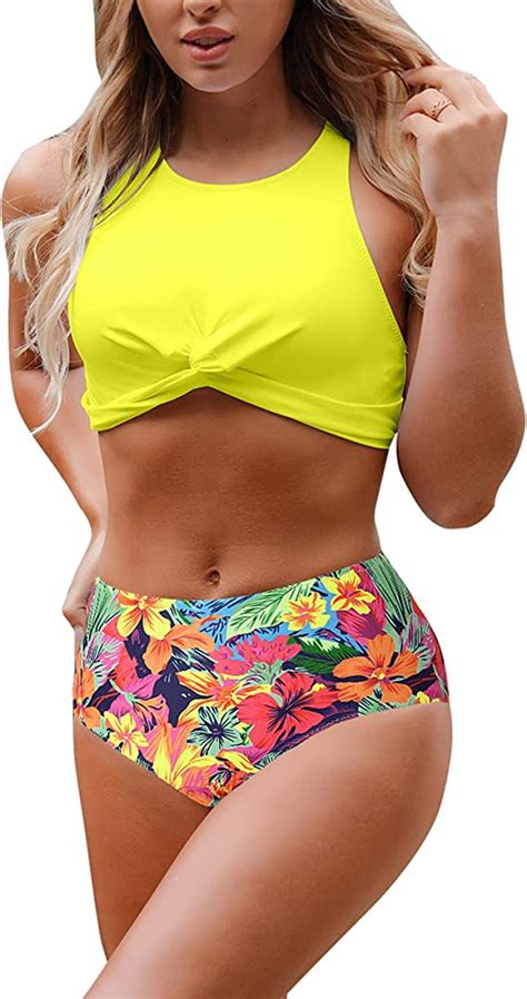 Women S High Waisted Bikini Twist Two Piece Swimsuit High Neck Wf Shopping