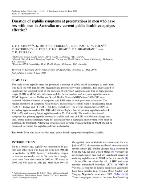 Pdf Duration Of Syphilis Symptoms At Presentations In Men Who Have Sex With Men In Australia