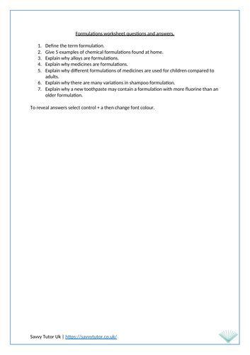 Formulations Ks4 Worksheet Questions And Answers Teaching Resources