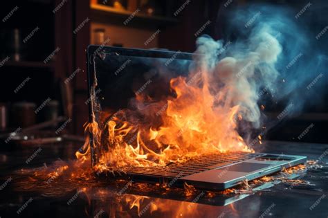 Premium Ai Image Dramatic Laptop On Fire With Thick Dark Grey Smoke