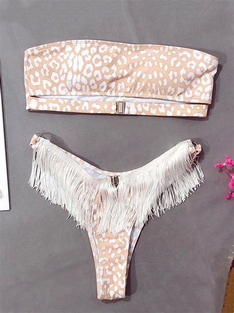 Strapless Tassels Leopard Print Bikini Swimsuit