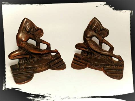 Antique Art Deco Gift House Bronzemet Partially Nude Female Tambourine Dancer Iron Bookends