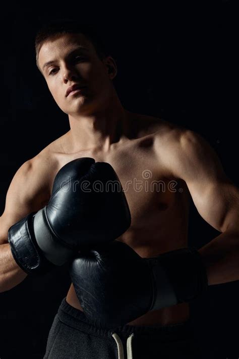Man Wearing Boxing Gloves Nude Torso Black Background Cropped View Model Fitness Stock Photo