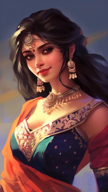 Premium AI Image Hand Drawn Anime Beautiful Indian Girl Illustration