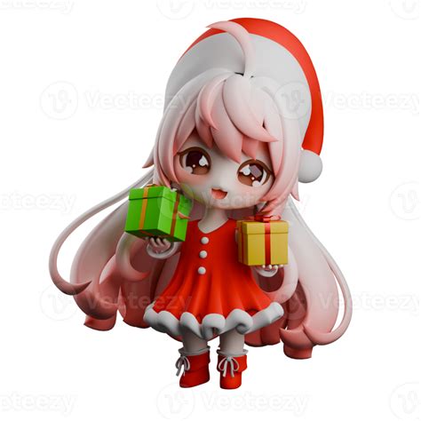Holiday Cartoon Chibi Santa Girl 3d A Chibi Girls Santa Stands With