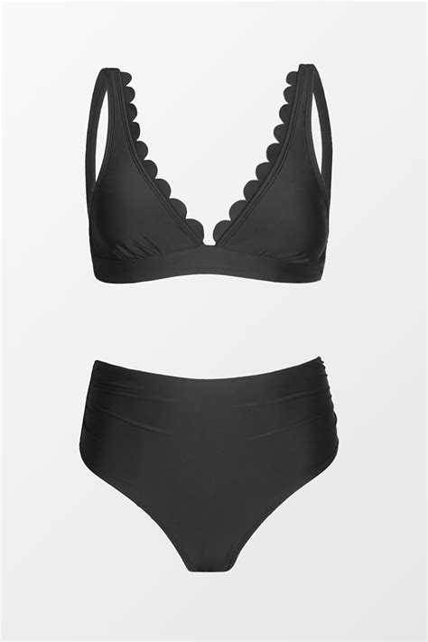 Geb Ndertes Scallop Bikini Set In Schwarz Cupshe Deutschland