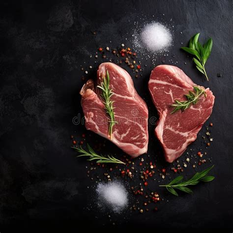 Raw Steak On A Slate Two Raw Steaks On A Dark Shale Background