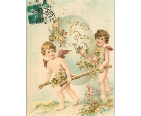 carte postale ancienne FANTAISIE Angelots Joyeuses Pques carte gaufrée