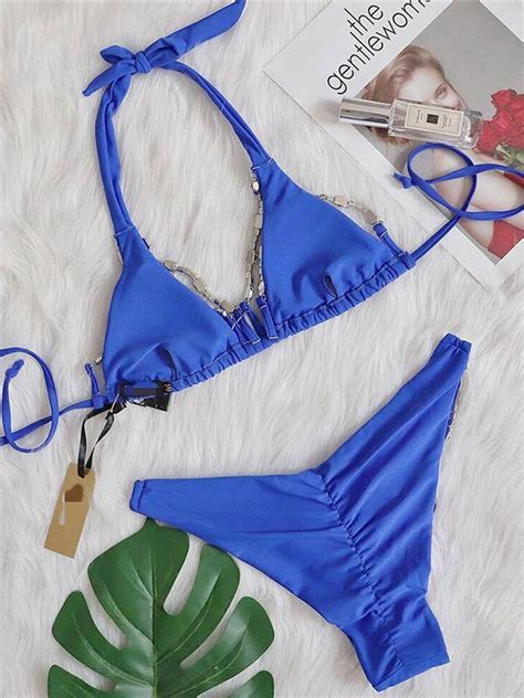 Emmiol Kostenloser Versand 2024 Neckholder Bikini Set Mit Strass Dekor Blau S Von Bikinis Im