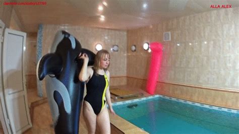 Alla Is A Hot Rider In A Wet Swimsuit Riding A Rare Inflatable Whale In The Pool
