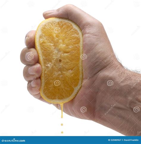 Orange Juice Squeeze Fresh Orange Half Being Squeezed By Hand Stock
